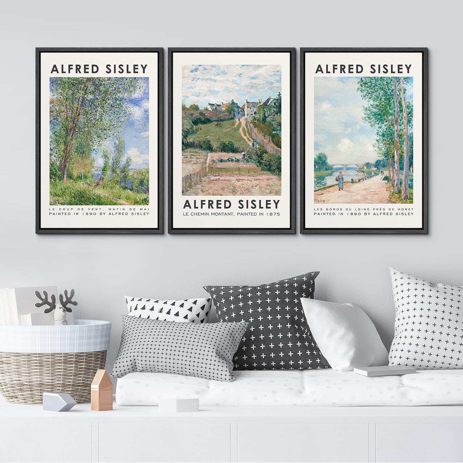 MUDECOR Framed Canvas Print Wall Art Set Alfred Sisley Watercolor Landscapes Nature Wilderness Wilderness Illustration Modern Art Decorative Realism Rustic Vintage for Bedroom - 24'x36'x3 Black