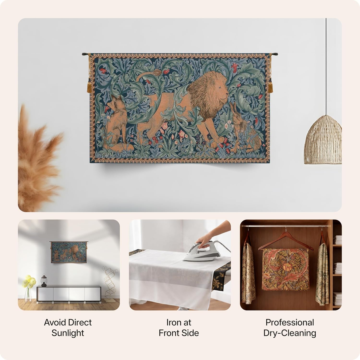Charlotte Home Furnishings Inc French Boho Tapestry Wall Hanging 28 x 48 in, Lion Aesthetic Woven Wall Art decor for Living Room Home Decor, European Cotton Jacquard Woven