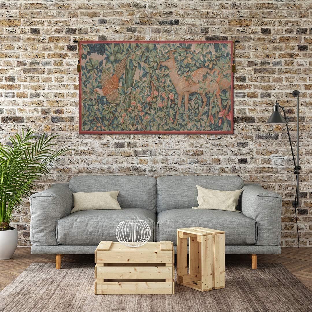 Charlotte Home Furnishings Inc French 46 x 28 in, Pheasant and Doe Medieval Tapestry Wall hanging Boho decor for Living Room Home Decor, European Cotton Jacquard Woven
