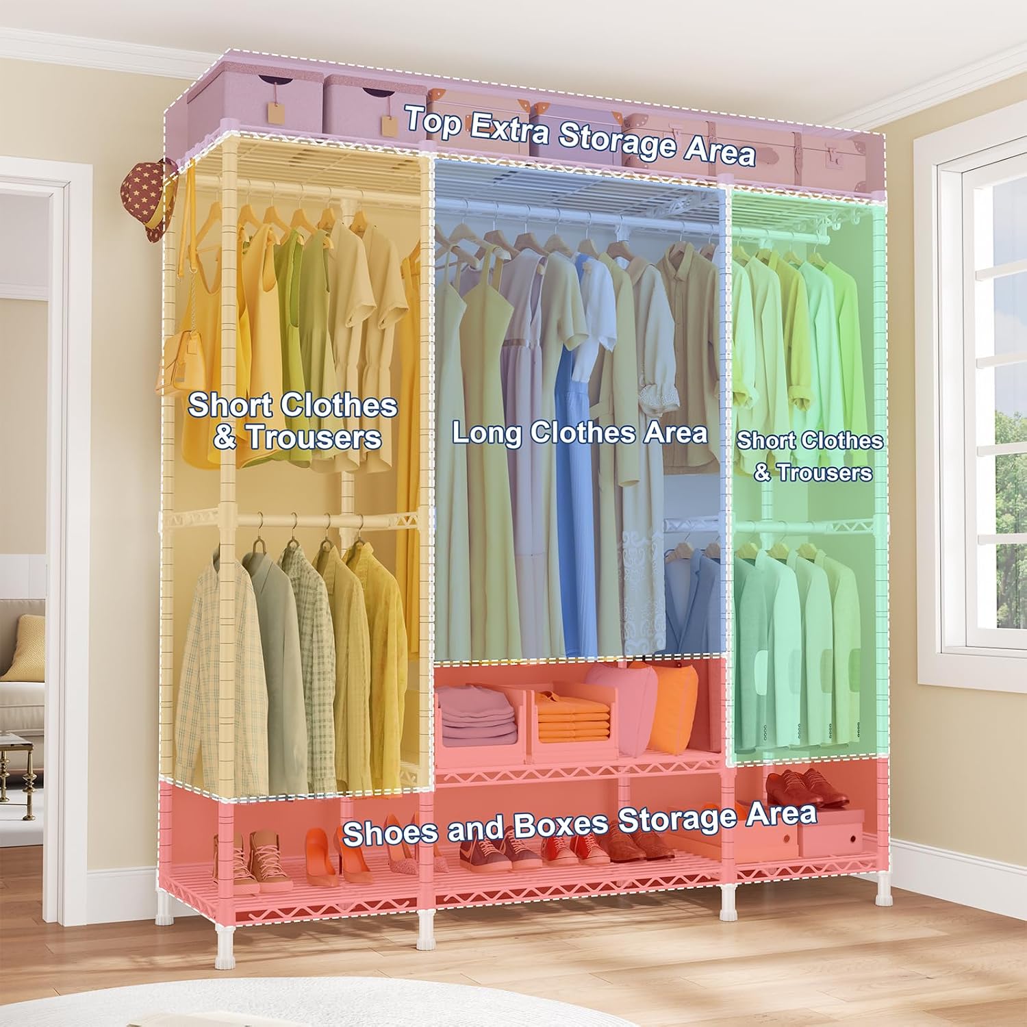 Ulif E3 Heavy Duty Garment Rack, 4 Tiers Freestanding Closet Organizer System with 5 Shelves, Metal Closet Organizer and Storage System for Clothes, Max Load 850lbs, 58.4'W x 15.7'D x 77.3'H, White