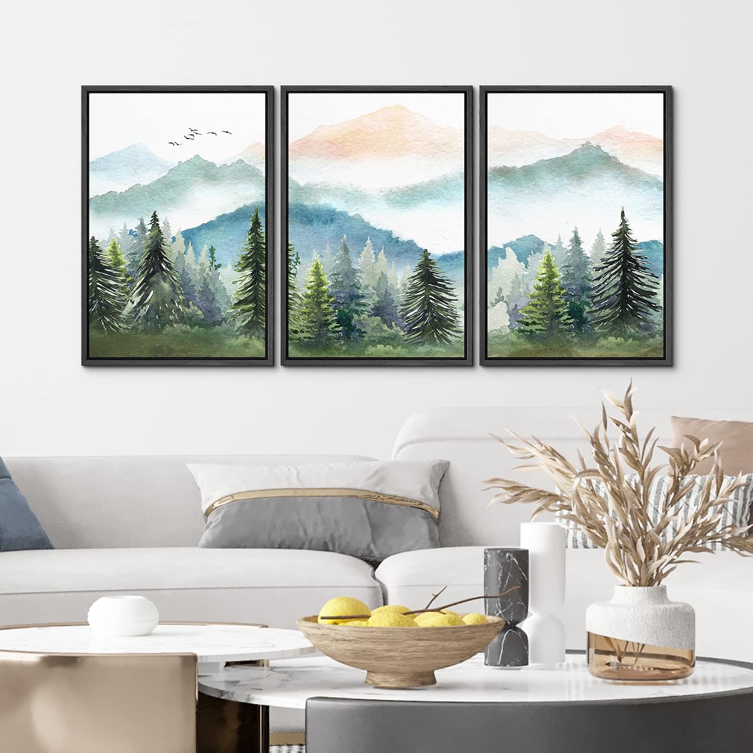 MUDECOR Framed Canvas Print Wall Art Set Watercolor Pastel Mountain Range Pine Tree Forest Nature Wilderness Illustrations Modern Art Floral Cozy for Living Room, Bedroom, Office - 24'x36'x3 Black