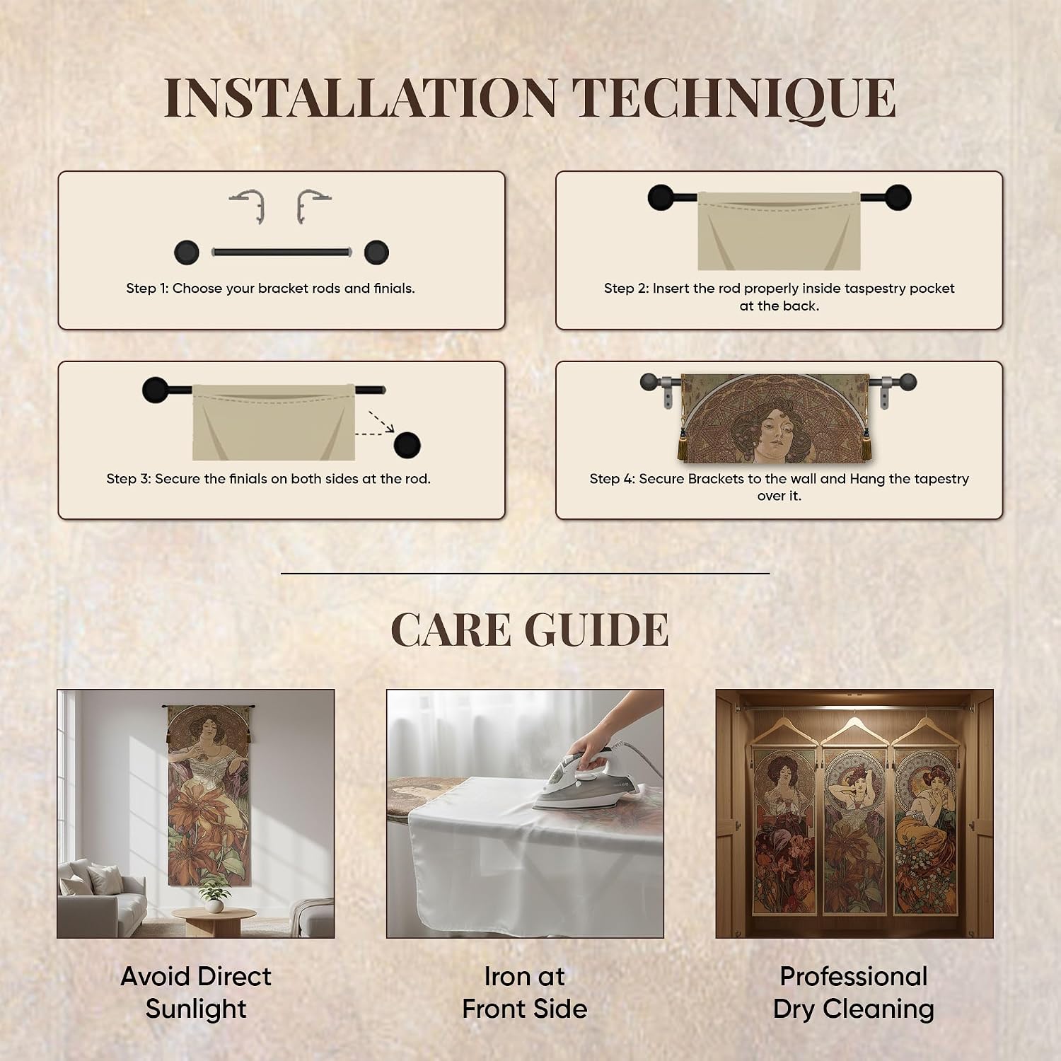 Charlotte Home Furnishings Inc - Mucha Rubis Belgian Premium Tapestry Wall Hanging |19x42 in Viscose Polyester Blend Boho Vintage Woven Wall Tapestry for Home & Wall Art by Alphonse Mucha