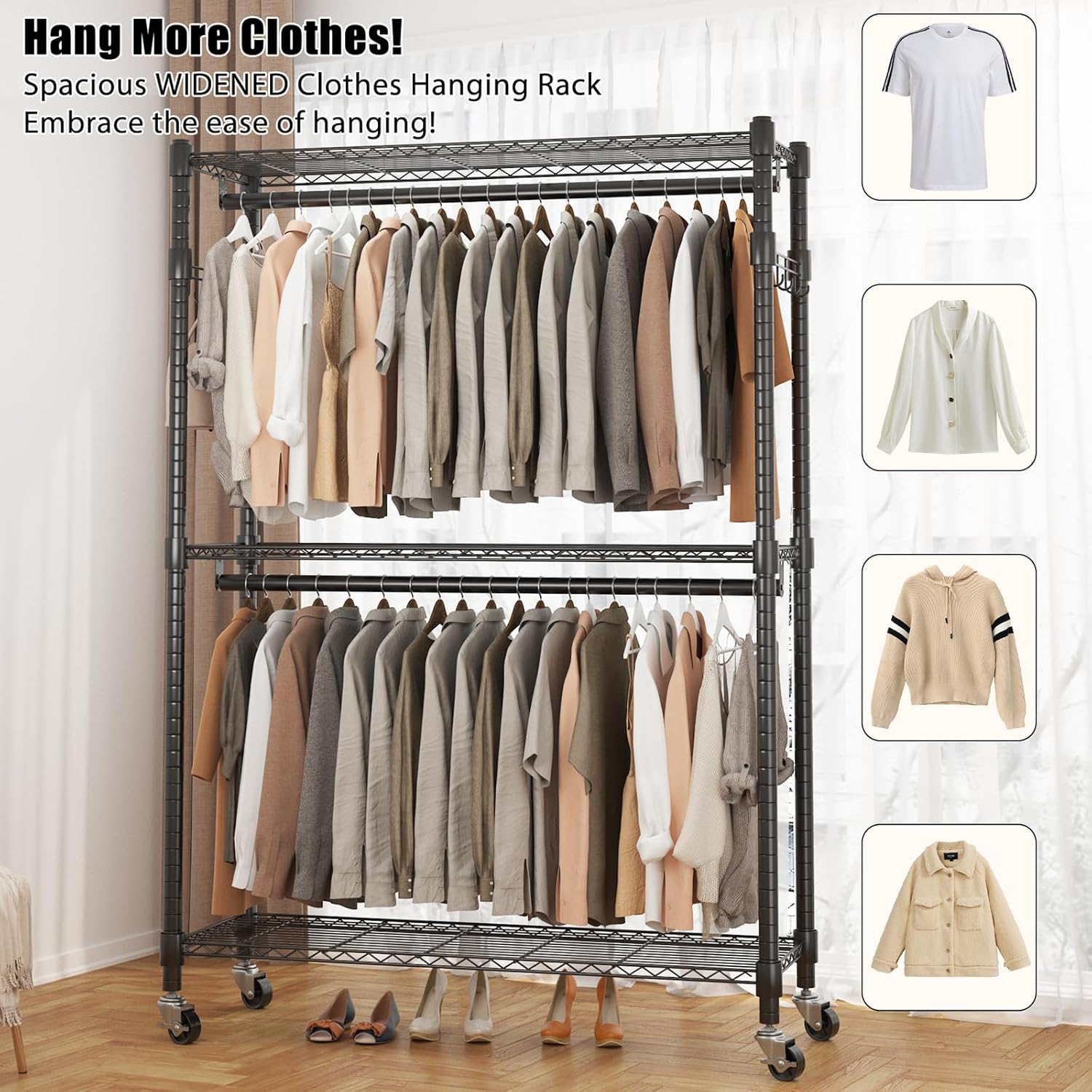BATHWA Heavy Duty Rolling Clothes Rack with Wheels, 640 lb Hanger Rack & Garment Rack, 25mm Metal Freestanding Portable Closet, 2 Rods + Adjustable Shelves for Hanging Clothes