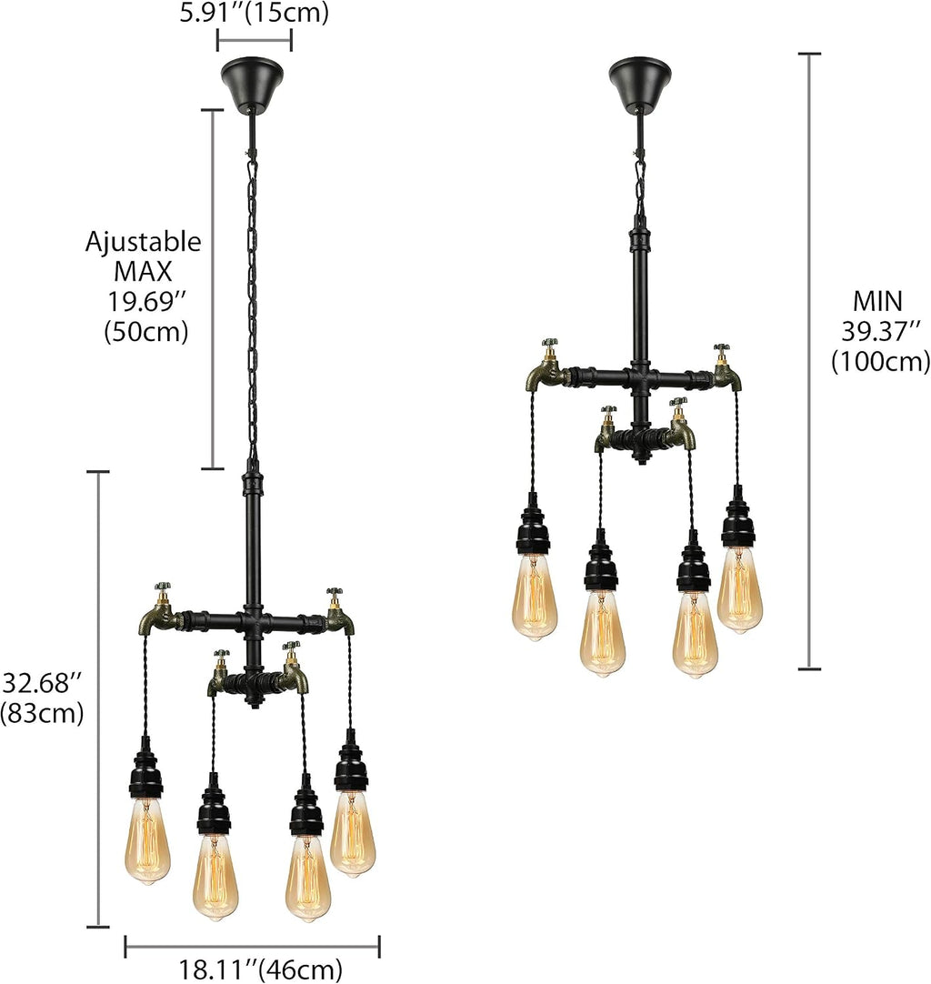 4-Light Antique Industrial Tap Wrought Iron Pendant Chandelier Lighting Vintage Steampunk Water Pipe Shaped Retro Loft Hanging Lamp Fixture Rustic Lighting 444813