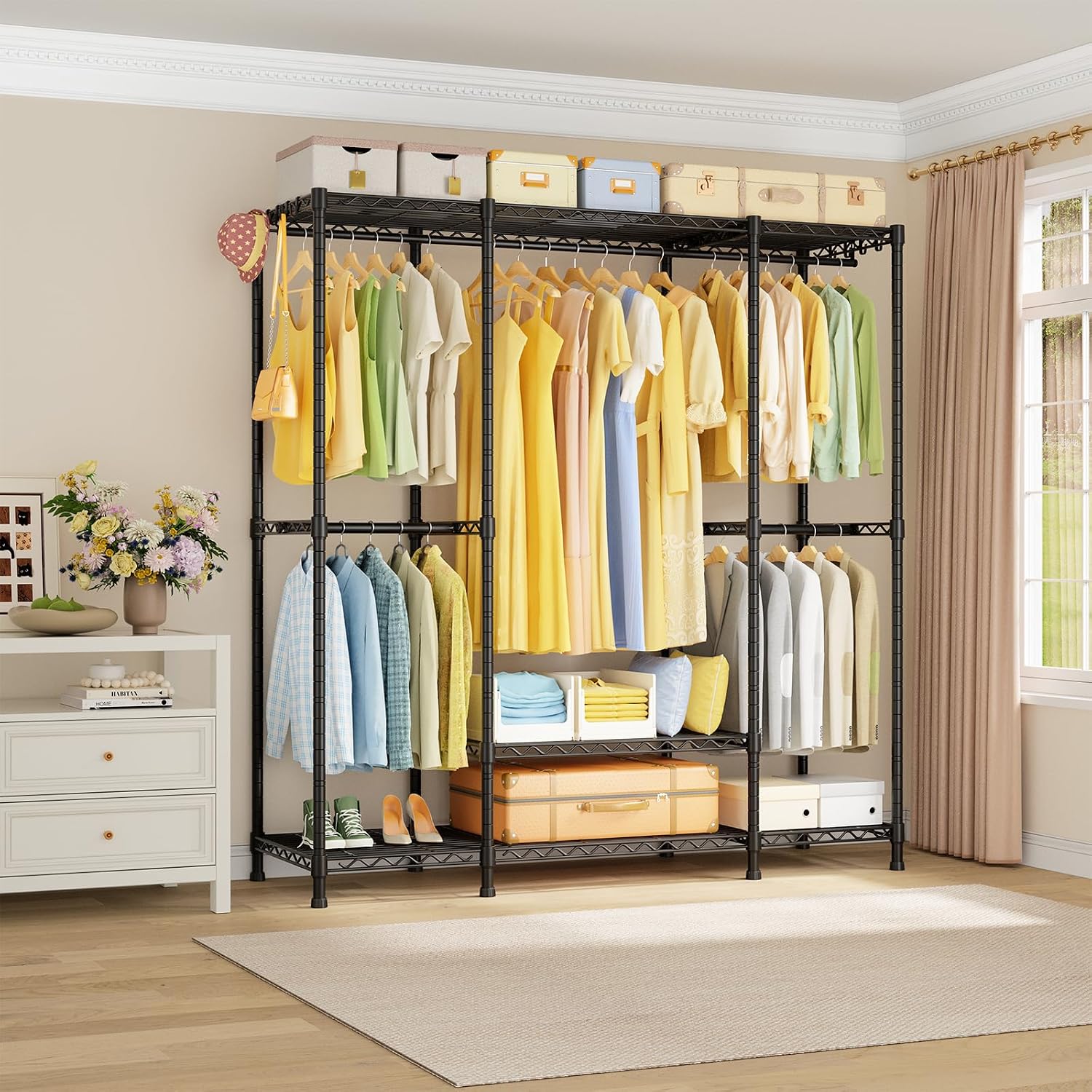 Ulif E3 Heavy Duty Garment Rack, 4 Tiers Freestanding Closet Organizer System with 5 Shelves, Metal Closet Organizer and Storage System for Clothes, Max Load 850lbs, 58.4'W x 15.7'D x 77.3'H, Black