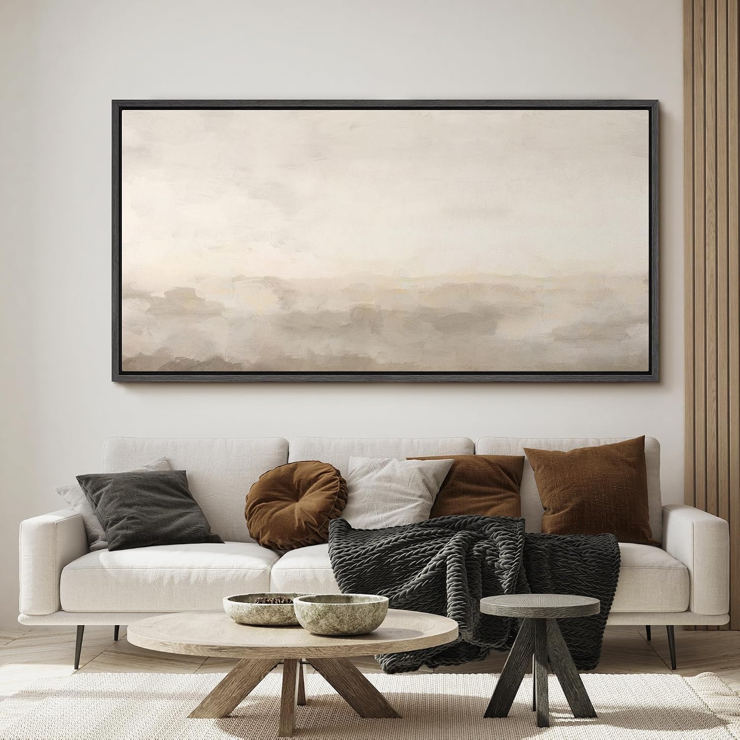 MUDECOR Extra Large Framed Canvas Print Wall Art Soft Neutral Horizon Minimal Abstract Landscape Antique Ready to Hang Painting for Living Room Bedroom Multi-Sizes - 60'x30'