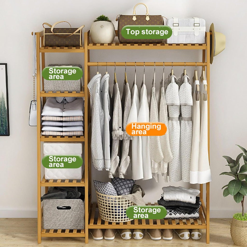 Freestanding Clothing Racks for Hanging Clothes,Bamboo Garment Rack 5 Tier Storage Shelf with Top Shelf, Closet Organizer Shoe Storage Shelves for Bedroom,A-110cm