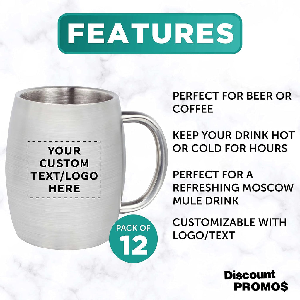 DISCOUNT PROMOS Custom Agnes Stainless Steel Mugs with Handle 14 oz. Set of 12, Personalized Bulk Pack - Double Wall, Perfect for Coffee, Beer, Other Hot & Cold Beverages - Silver