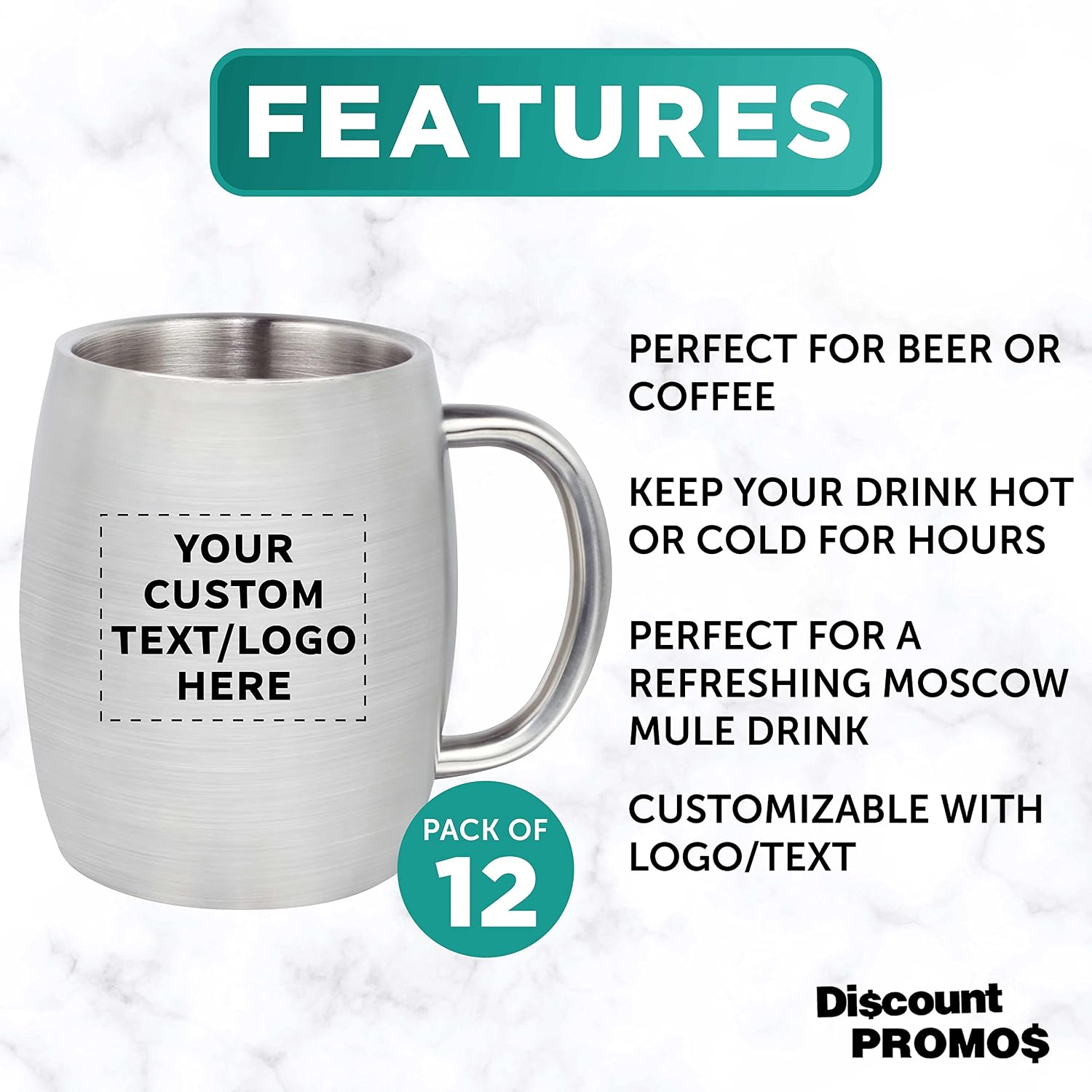 DISCOUNT PROMOS Custom Agnes Stainless Steel Mugs with Handle 14 oz. Set of 12, Personalized Bulk Pack - Double Wall, Perfect for Coffee, Beer, Other Hot & Cold Beverages - Silver