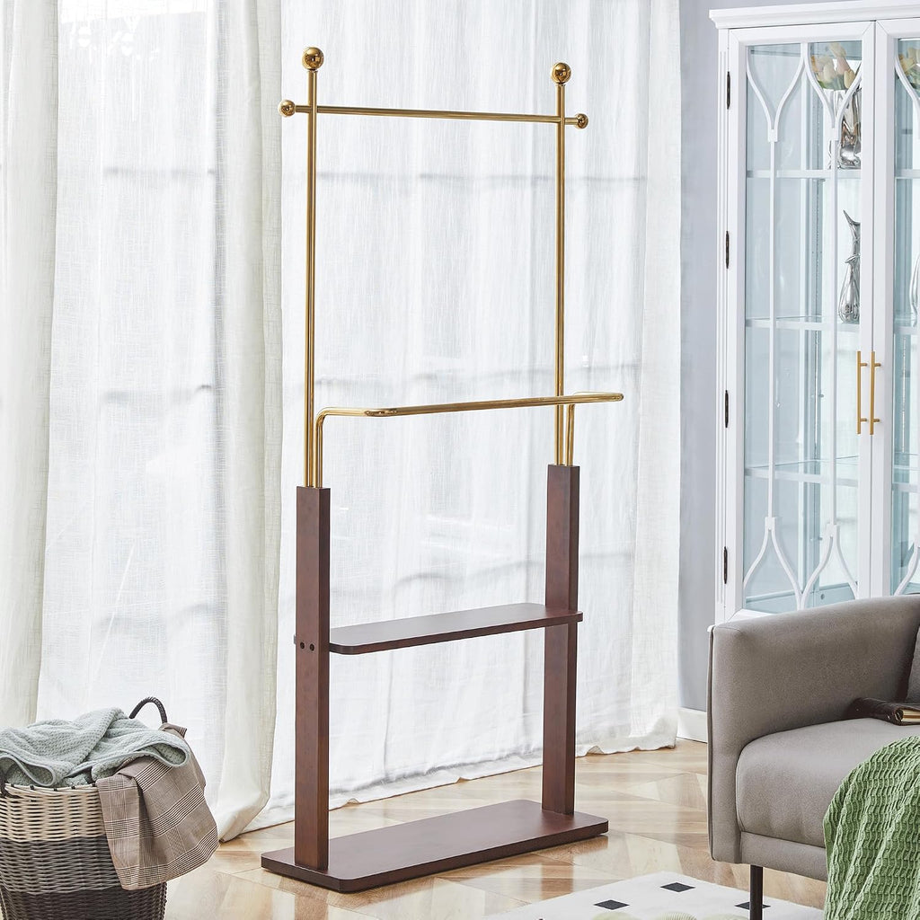 CHANCEE 68.9' Golden Stainless Steel and Walnut Solid Wood Double-Layer Coat Rack, Modern Freestanding Clothes Hanger with Storage Shelf, Multi-Functional Entryway Organizer Cabinet