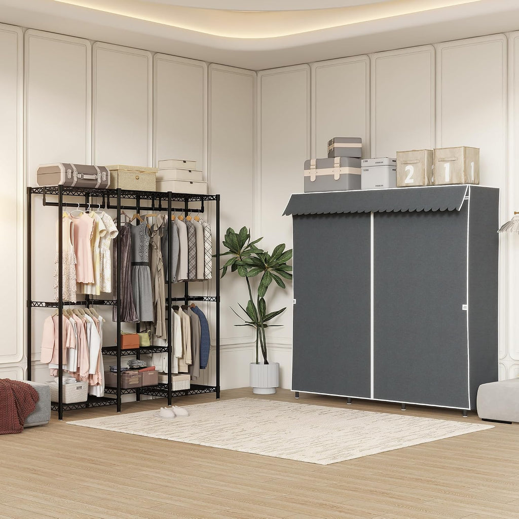 Heavy Duty Covered Clothes Rack Portable Closet Rack, Black Metal Clothing Rack with Grey Upgarded Polyester Cover, Adjustable Custom Freestanding Closet Wardrobe, Max Load 800LBS