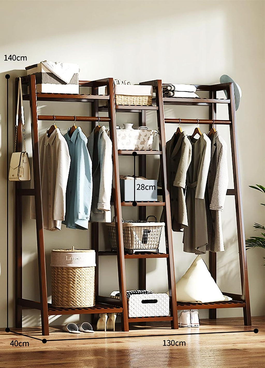 Bamboo Freestanding Clothing Rack - Large Garment Storage Organizer with Shelves, Brown, 130cm - Ideal for Hanging Clothes & Shoes, Stylish Wardrobe Solution