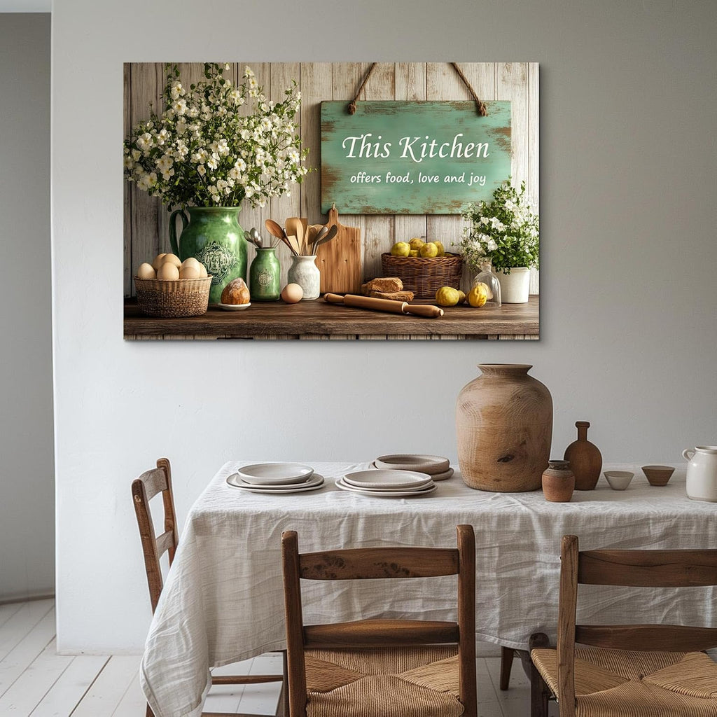Wewejia - Rustic Kitchen Canvas Wall Art 46x36 Inch, Vintage Farmhouse This Kitchen Serves Food Love and Joy Painting Pictures Food Still Life Landscape Poster Living Room Dining Room Home Decor