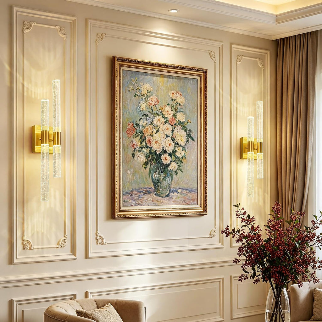 Crystal Wall Sconces Set of Two LED Bathroom Vanity Light Fixtures Gold 21.25in 4000K Vertical and Horizontal Wall Mounted Sconces for Bedroom, Living Room, Hallway