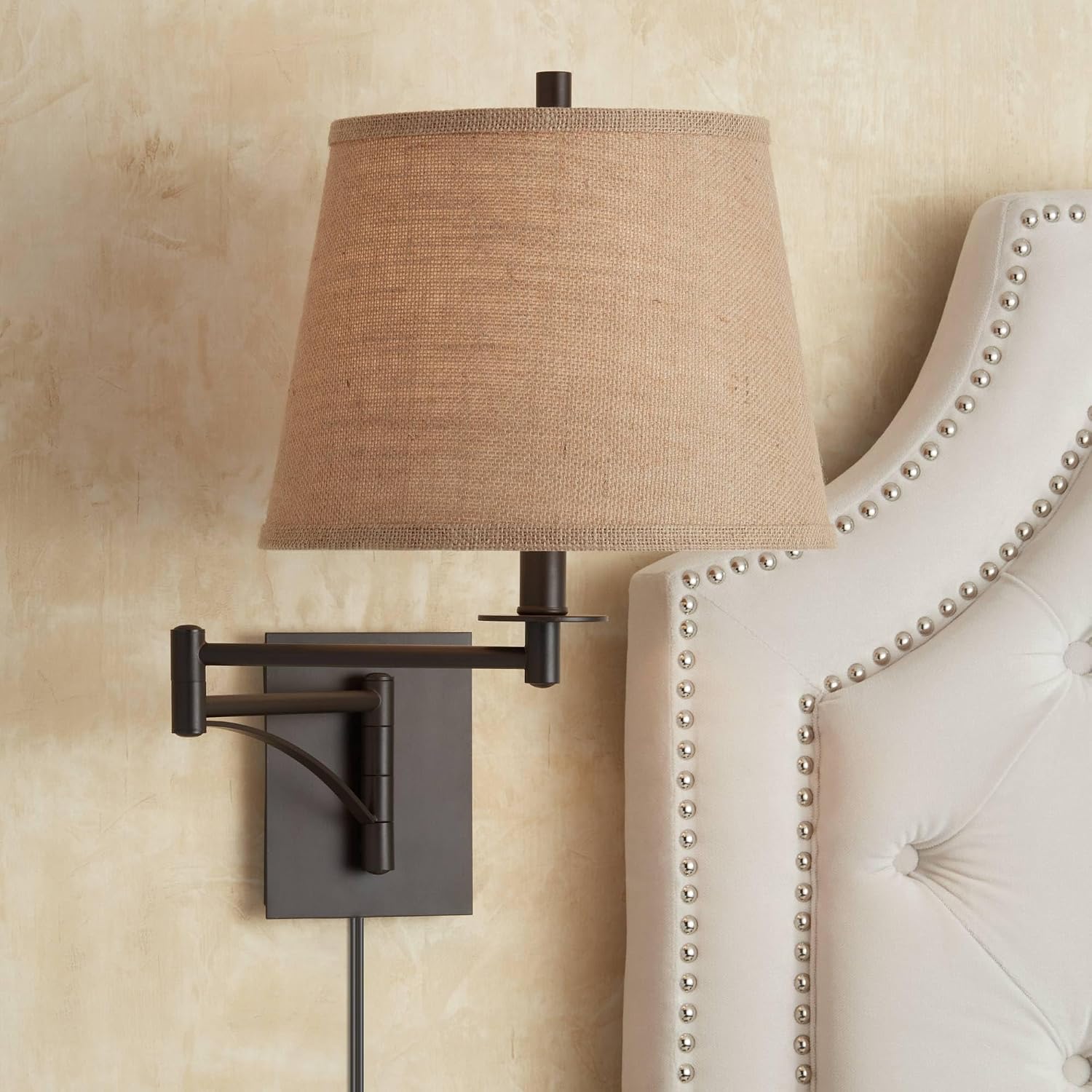 Franklin Iron Works Brinly Farmhouse Rustic Swing Arm Wall Lamp Matte Brown Metal Plug-in 12' Fixture Burlap Hardback Drum Shade for Cottage Core Bedroom Bedside Living Room Hallway Dining House