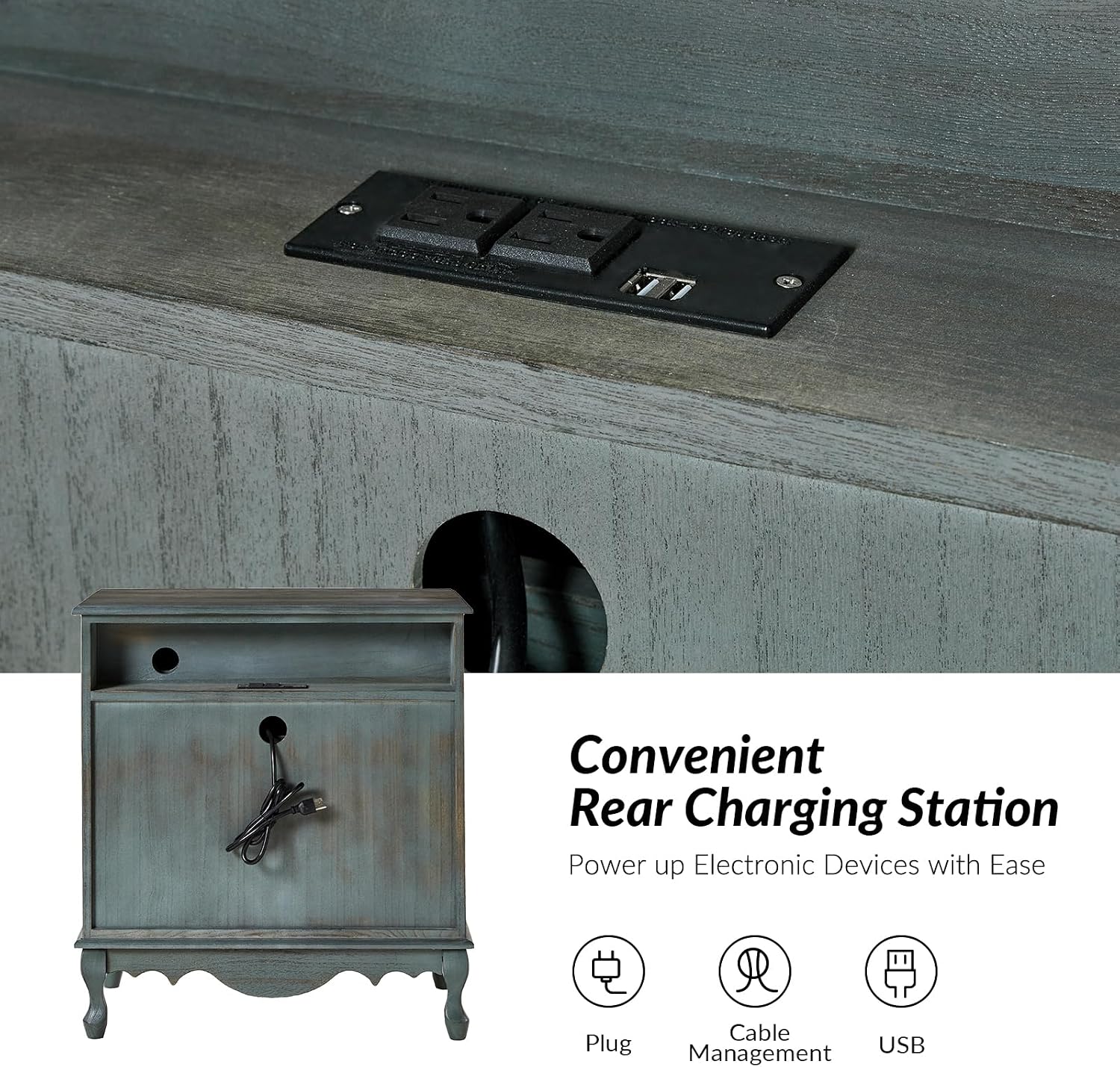 HULALA HOME 3-Drawer Nightstand with Charging Station, Farmhouse Solid Wood Nightstand Set of 2(Blue)