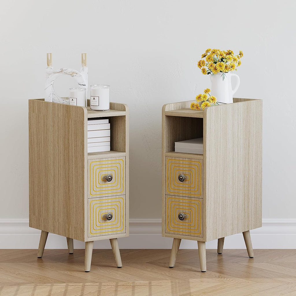 Nightstands Set of 2,Night Stand Bed Side Table with Storage Space,Wooden Bedside Table with Open Shelf,2 Drawers,End Table with Solid Wood Feet for Bedroom,College Dorm,Entryway (Natural)