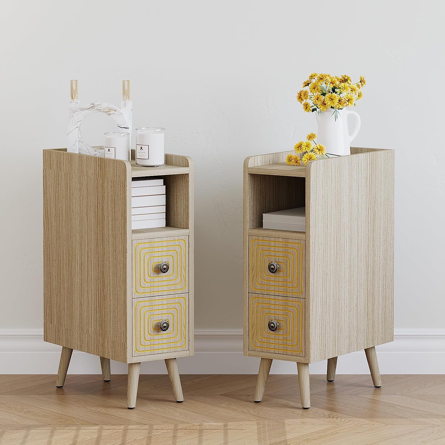 Nightstands Set of 2,Night Stand Bed Side Table with Storage Space,Wooden Bedside Table with Open Shelf,2 Drawers,End Table with Solid Wood Feet for Bedroom,College Dorm,Entryway (Natural)