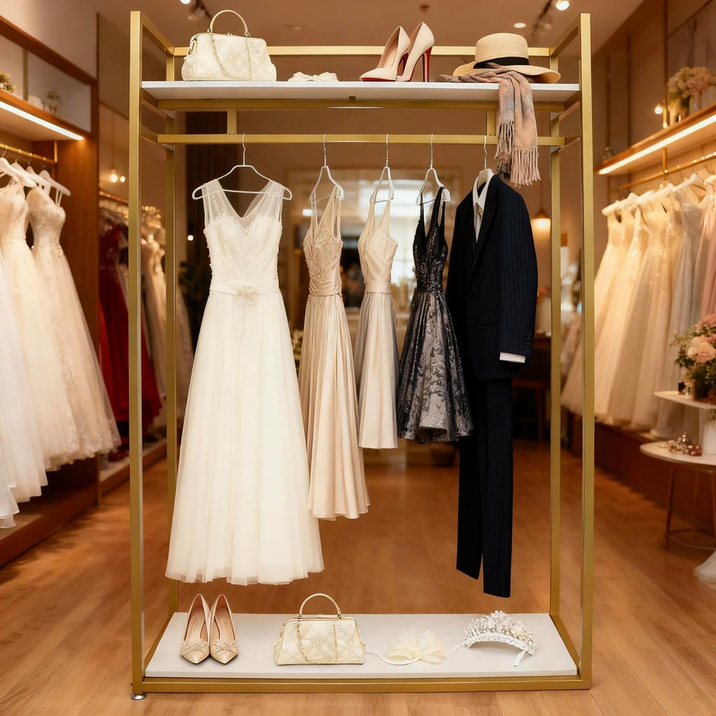 71' Clothing Store Garment Rack with Shelves,Wedding Dress Rack Clothes Retail Display Rack Heavy Duty Commercial, Studio Boutique Racks Shoes Bags Clothes Organizer