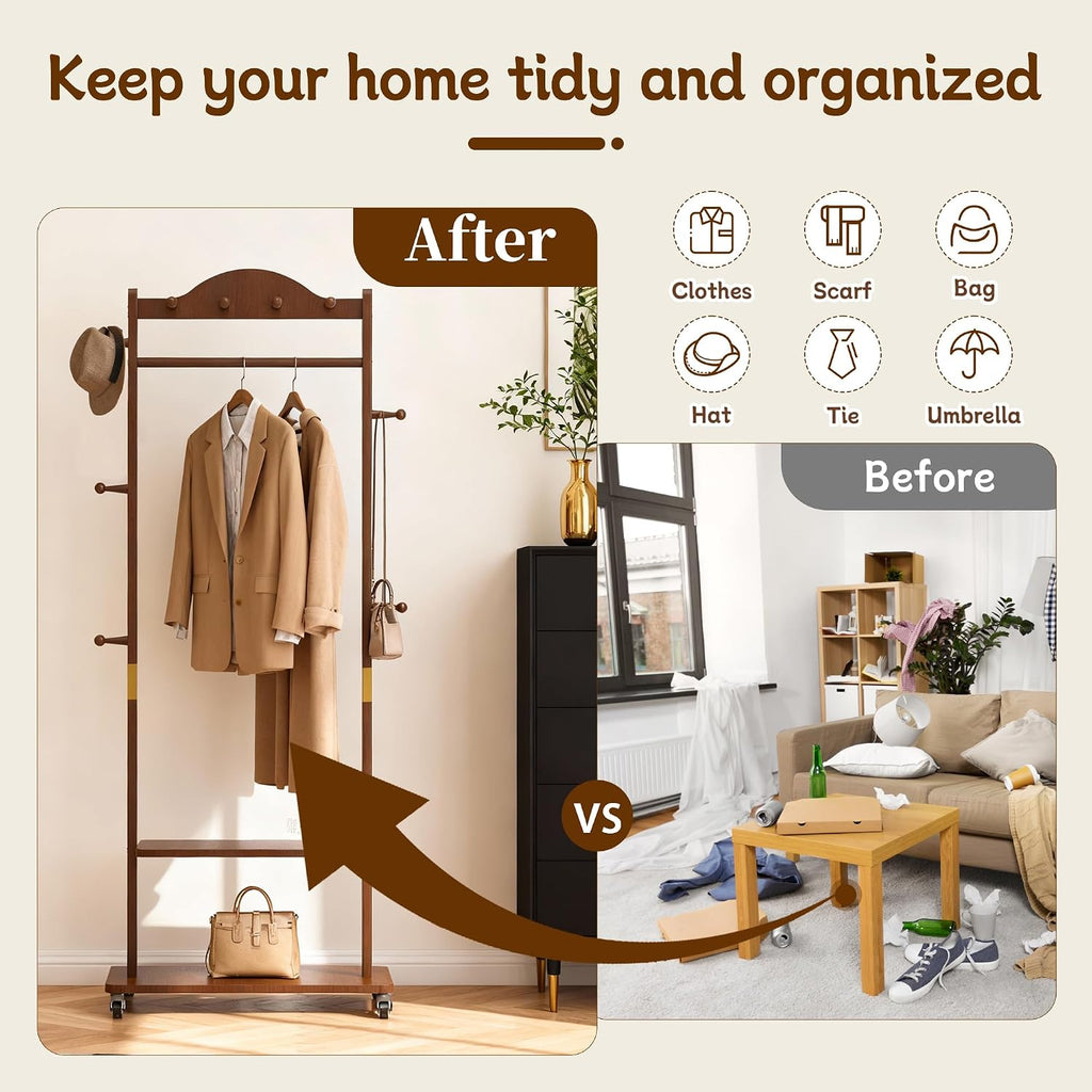 High-Grade Rubber Wood Coat Rack, Easy To Assemble, With 9 side hooks,With 2 partitions, Mobile Rollers, Multifunctional Coat Rack Suitable for Suitable for hanging clothes, hats,storing shoes.