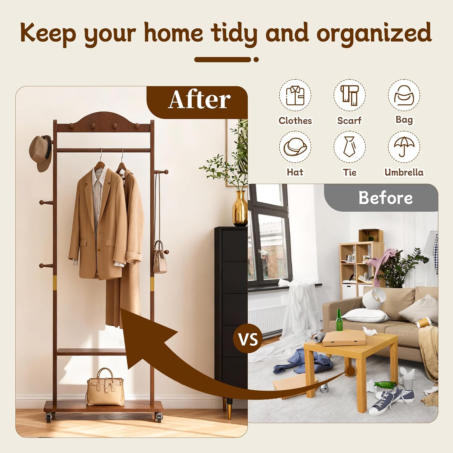 High-Grade Rubber Wood Coat Rack, Easy To Assemble, With 9 side hooks,With 2 partitions, Mobile Rollers, Multifunctional Coat Rack Suitable for Suitable for hanging clothes, hats,storing shoes.
