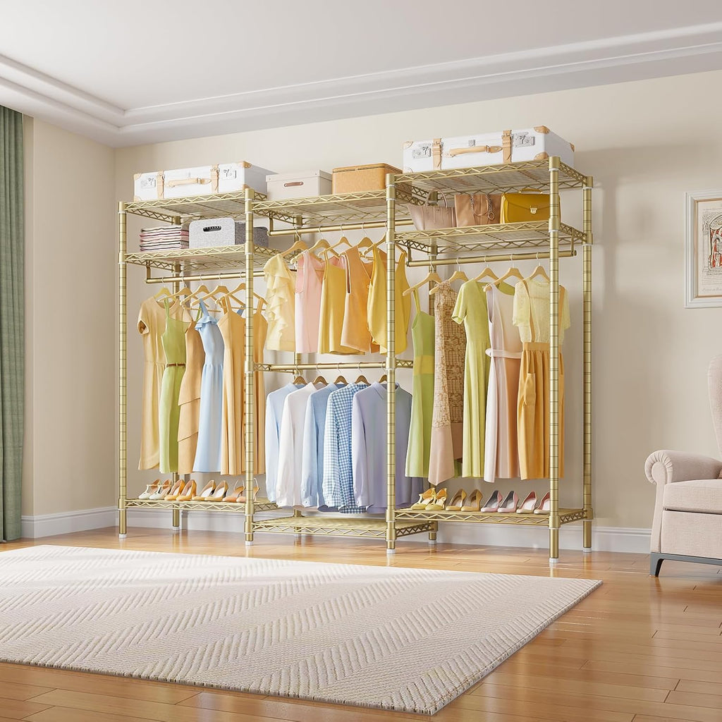 VIPEK V5i Garment Rack Heavy Duty Clothes Rack, Portable Closet Wardrobe Bedroom Armoires Freestanding Clothing Rack with 8 Adjustable Shelves & 4 Hang Rods, 68.9' L x 15.7' W x 76.4' H, Gold