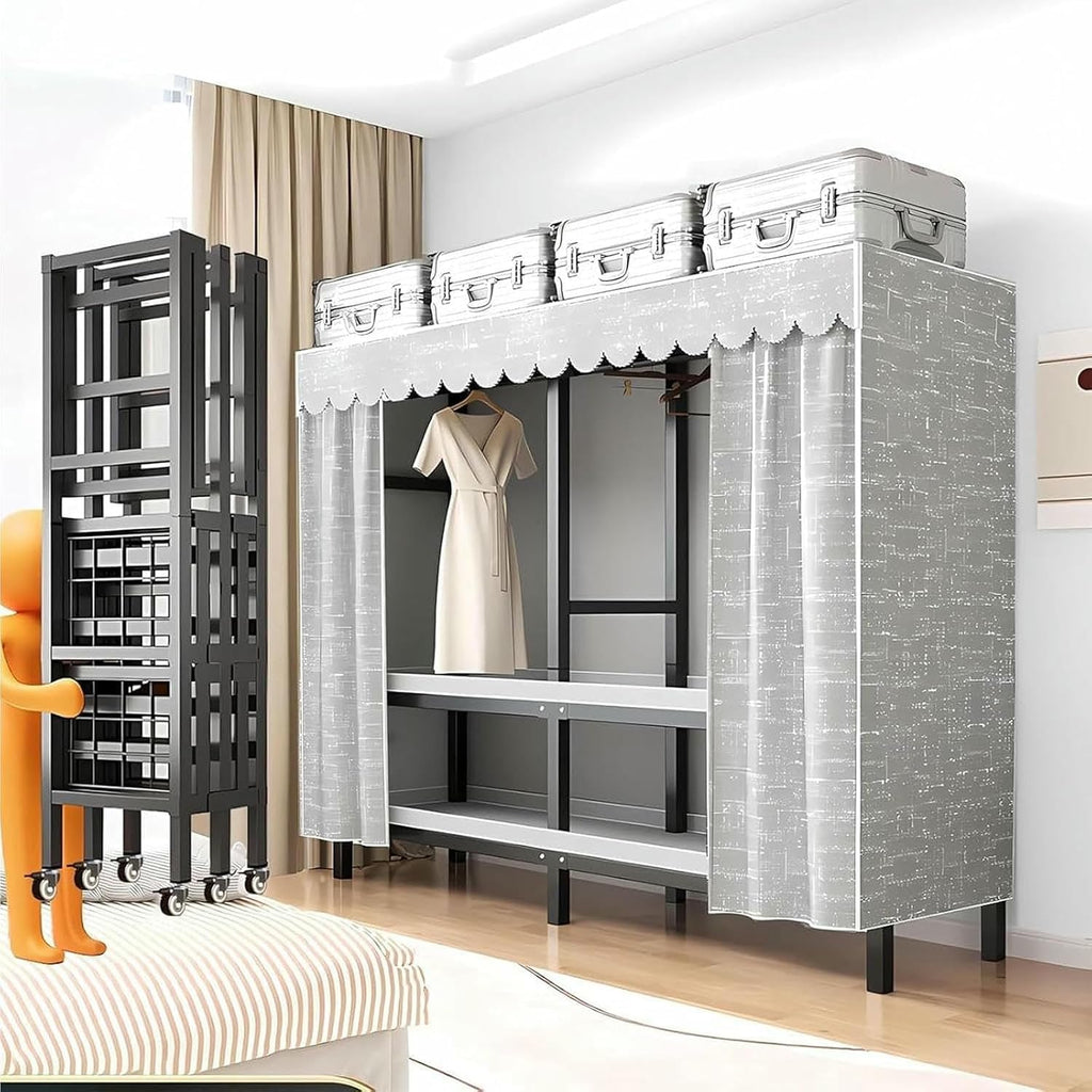 Metal Wardrobe Rack - Heavy Duty Foldable Wardrobe Closet with Cover 1200lbs Garment Rack for Hanging Clothes Covered Clothing Coat Storage Organizer