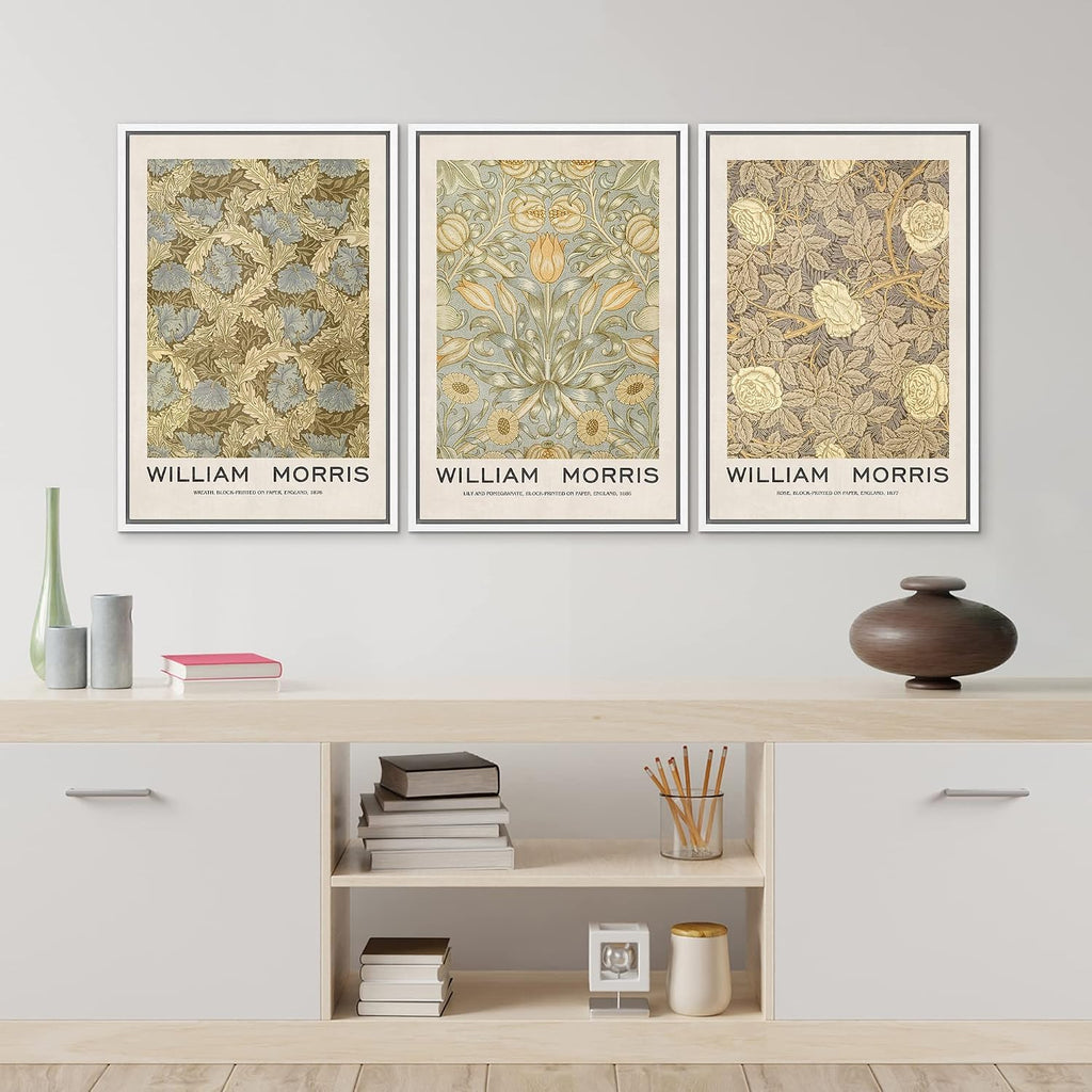 MUDECOR Framed Canvas Print Wall Art Set William Morris Floral Tapestry Pattern Nature Wilderness Wilderness Illustration Modern Art Decorative Realism Rustic Vintage for Bedroom - 24'x36'x3 White
