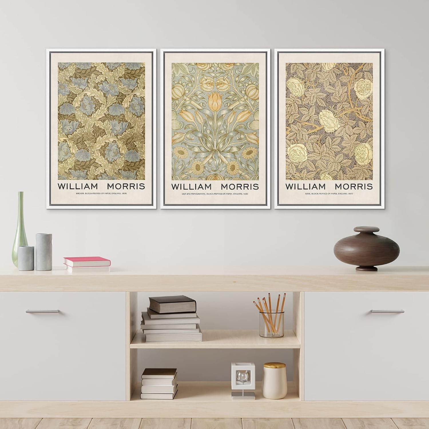 MUDECOR Framed Canvas Print Wall Art Set William Morris Floral Tapestry Pattern Nature Wilderness Wilderness Illustration Modern Art Decorative Realism Rustic Vintage for Bedroom - 24'x36'x3 White