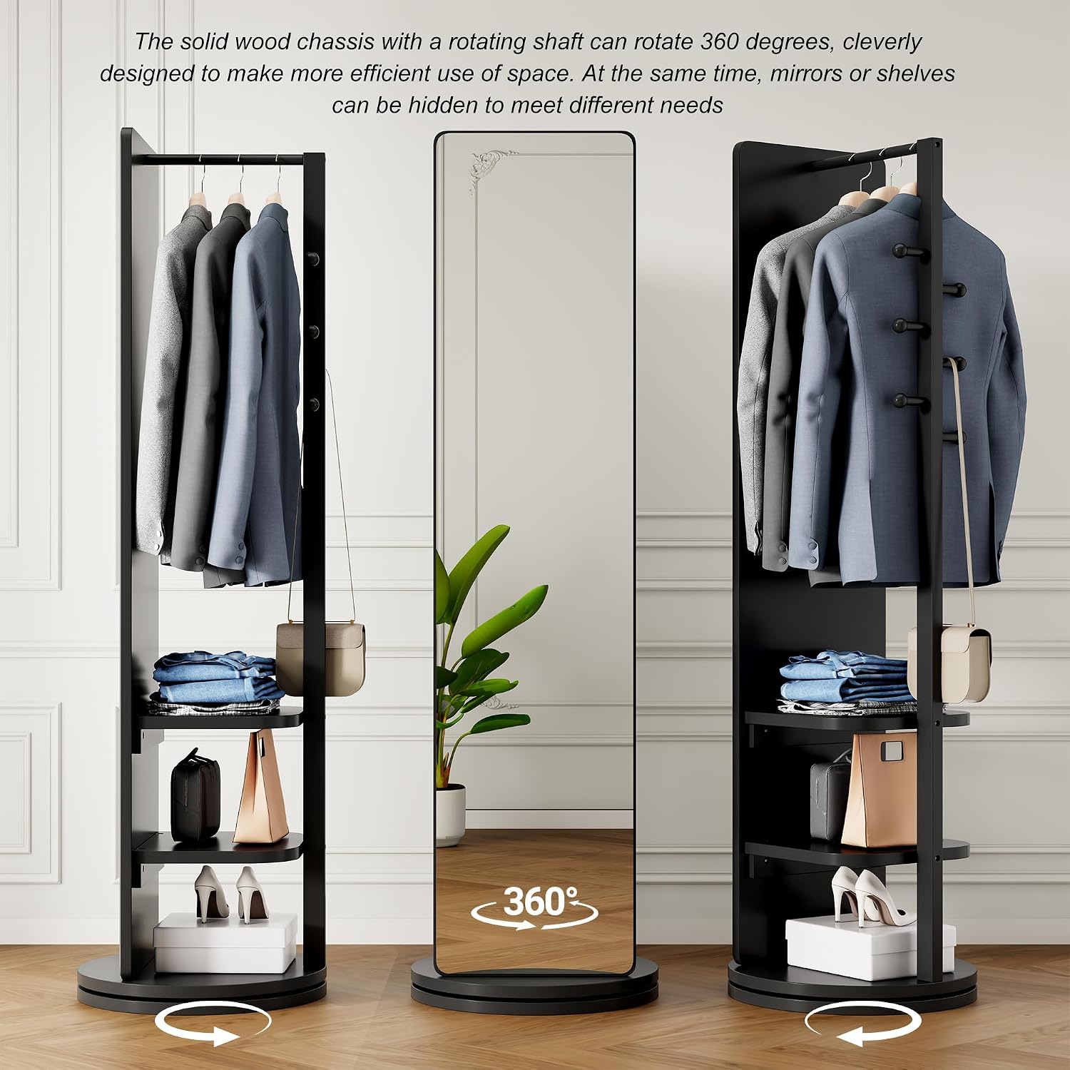CHANCEE 360° Rotating Full-Length Mirror with Storage, 69'x16' Solid Wood Freestanding Coat Rack with Hooks, Space-Saving for Bedroom, Living Room, Cloakroom (Black)