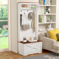 CHANCEE Hall Tree with Bench and Storage, Vintage White Coat Rack with 5 Hooks, 2 Shelves, Cabinet, Space-Saving Entryway Wardrobe Organizer for Bedroom, Hallway, or Mudroom