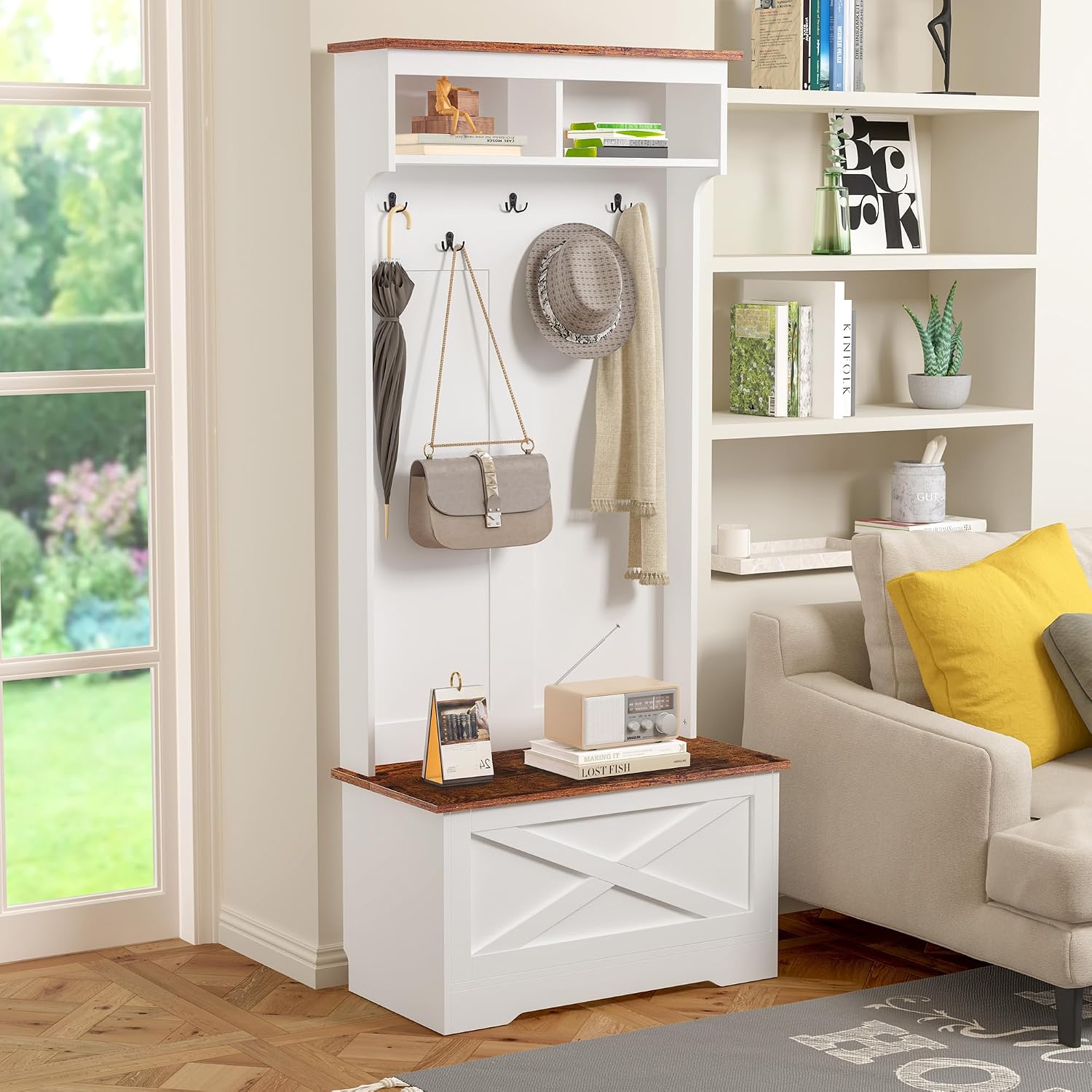 CHANCEE Hall Tree with Bench and Storage, Vintage White Coat Rack with 5 Hooks, 2 Shelves, Cabinet, Space-Saving Entryway Wardrobe Organizer for Bedroom, Hallway, or Mudroom