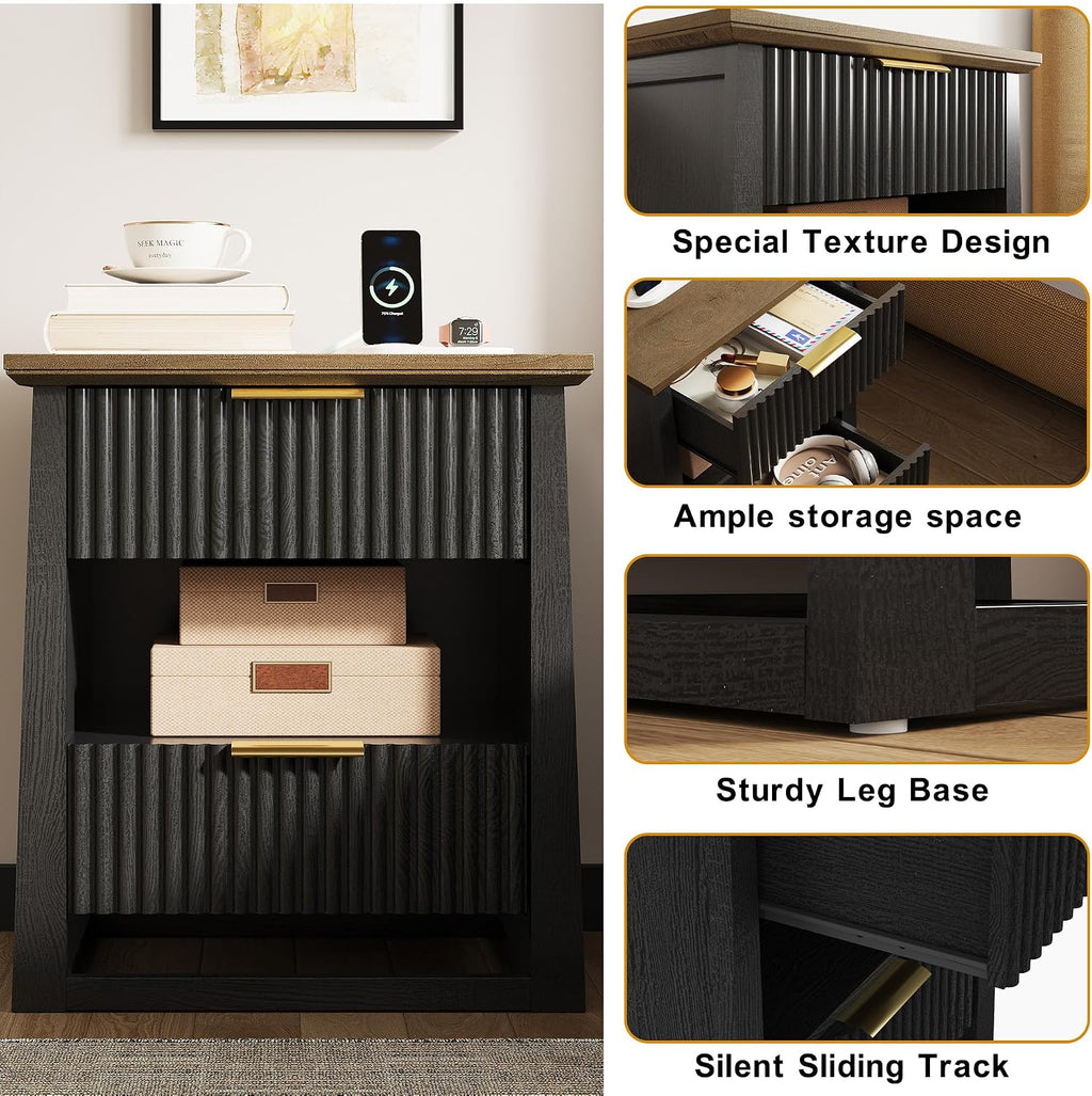 HIFYOBRO Fluted End Table Set of 2 with Charging Station and Motion Sensor Light, Modern Black Side Tables with 2 Drawers and Storage Shelf for Living Room, Bedroom, Guest Room