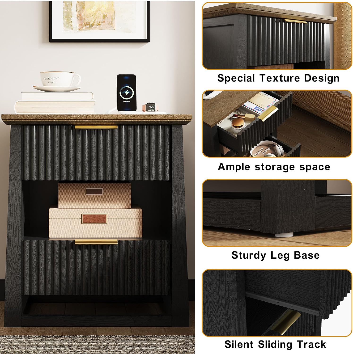 HIFYOBRO Fluted End Table Set of 2 with Charging Station and Motion Sensor Light, Modern Black Side Tables with 2 Drawers and Storage Shelf for Living Room, Bedroom, Guest Room