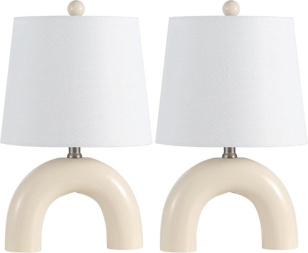 JONATHAN Y 17.75' Almond Modern Ceramic Arch Table Lamp Set of 2 for Bedroom, Scandinavian Minimalist Bedside Lamps with White Linen Shade, LED Bulbs Included JYL5503A-SET2