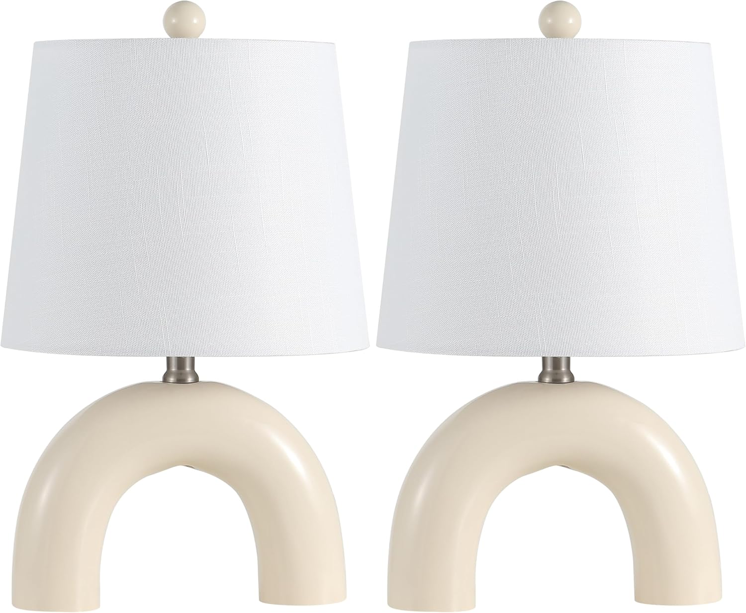 JONATHAN Y 17.75' Almond Modern Ceramic Arch Table Lamp Set of 2 for Bedroom, Scandinavian Minimalist Bedside Lamps with White Linen Shade, LED Bulbs Included JYL5503A-SET2