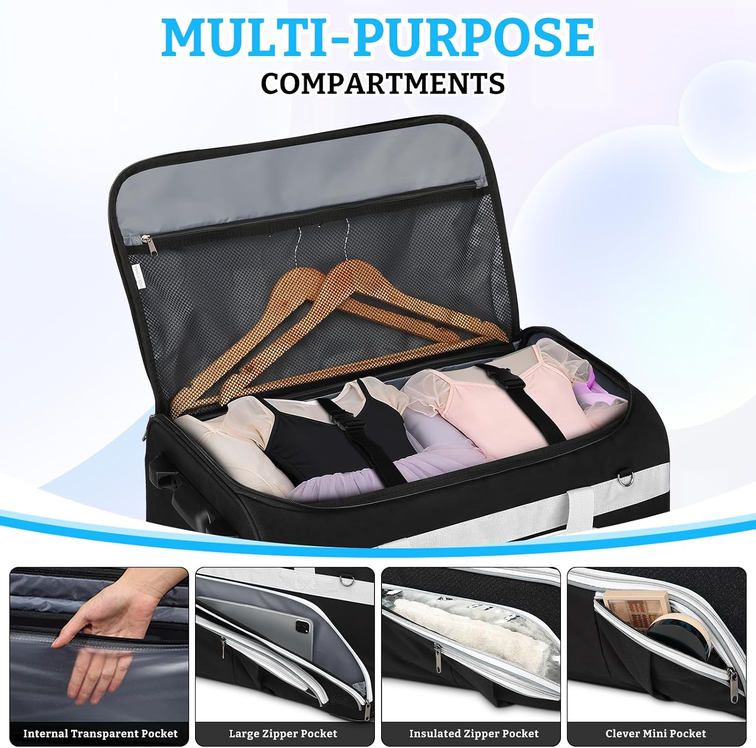 Dance Bag with Garment Rack - 28 Inch Professional Dance Competition Duffle Bag with Rack - Wheeled Dance Suitcase with Multiple Pockets for Dancers, Athlete, Travelers, and Livestreamer