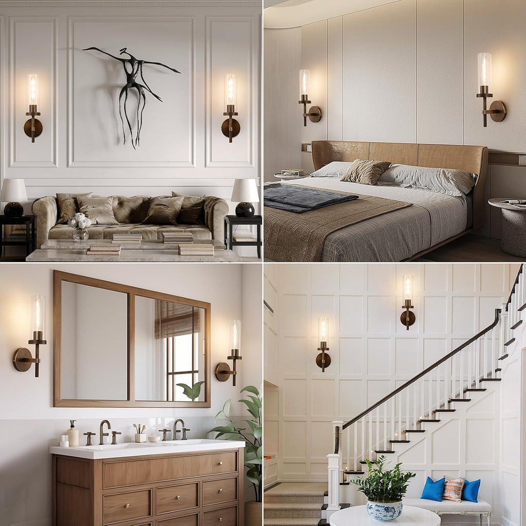 15' Knurled Brass Wall Sconce with Clear Glass Tube, Bronze Bathroom Vanity Light Fixtures, Modern Lamp Lighting for Bedroom, Living Room, Hallway, Staircase, Mirror, Kitchen