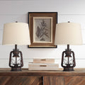 Franklin Iron Works Murphy 23' High Miner Lantern Small Farmhouse Rustic Traditional Accent Table Lamps Set of 2 Red Bronze Finish Metal Oatmeal Shade Living Room Bedroom Bedside Nightstand House