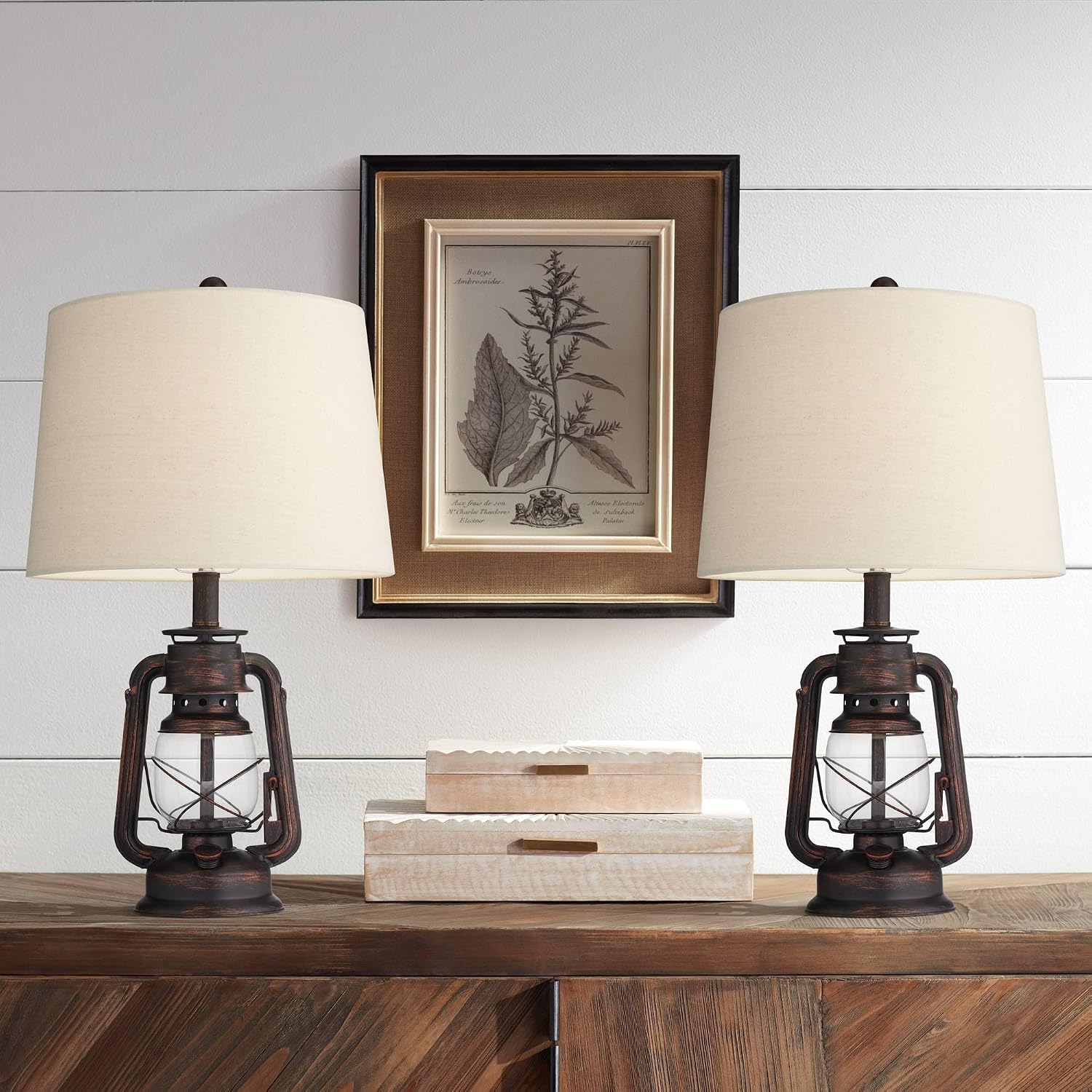Franklin Iron Works Murphy 23' High Miner Lantern Small Farmhouse Rustic Traditional Accent Table Lamps Set of 2 Red Bronze Finish Metal Oatmeal Shade Living Room Bedroom Bedside Nightstand House
