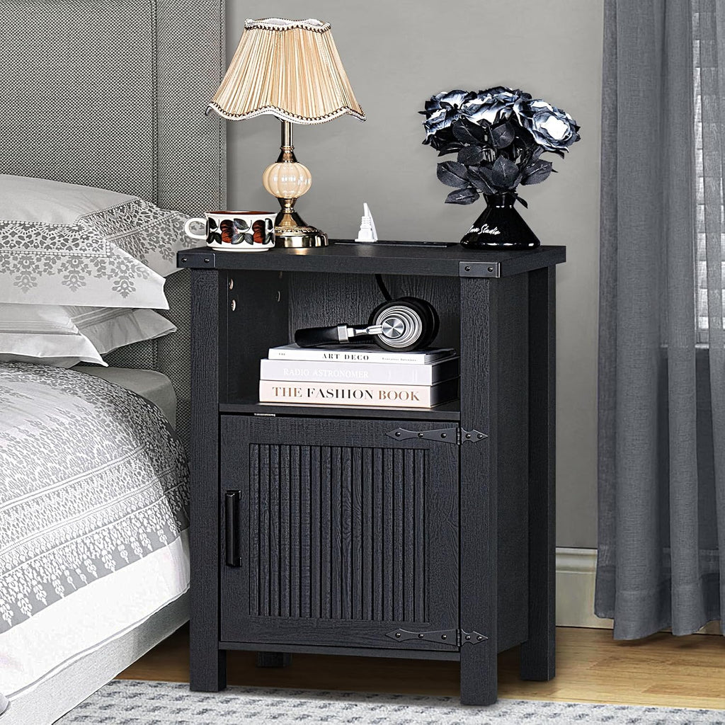 Joaxswe Night Stand Set of 2, 18 Inch Farmhouse Nightstand with with Charging Station and USB Port, Rustic Couch End Table with Magnetic Door, Wood Bed Side Tables for Bedroom, Home, Black