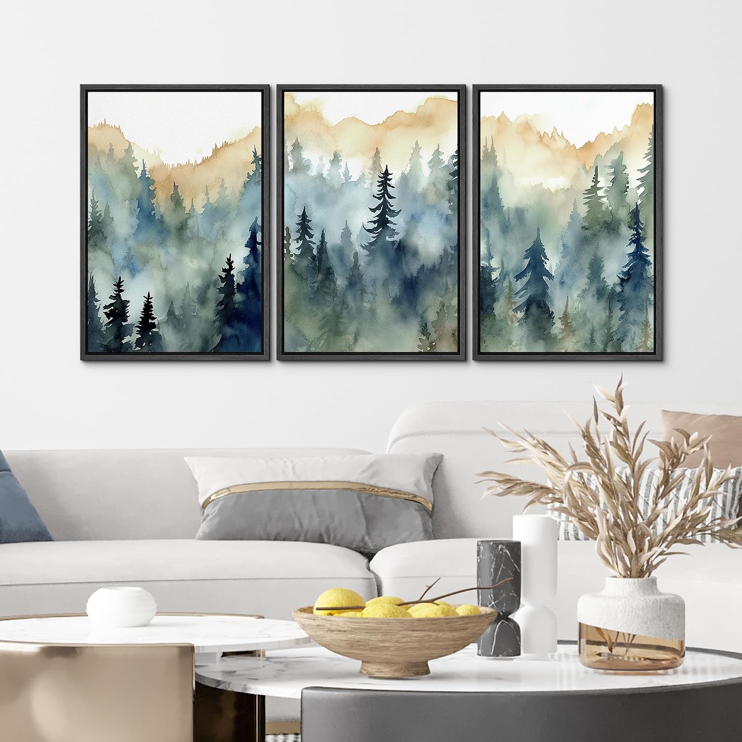 MUDECOR Framed Canvas Print Wall Art Set Pastel Watercolor Pine Tree Forest Nature Wilderness Illustrations Modern Decorative Floral Botanical Minimal Calm/Relax/Cozy for Bedroom - 24'x36'x3 Black
