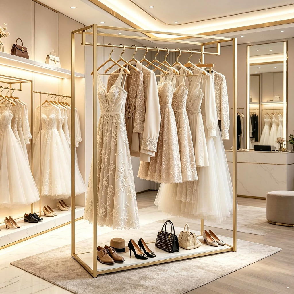 76' Tall Gold Clothing Garment Rack Boutique Retail Display Stand | Heavy Duty Clothes Wedding Dressr Racks for Hanging Long Dresses, Closet Wardrobe Shoes Bags Hats Clothes Organizer
