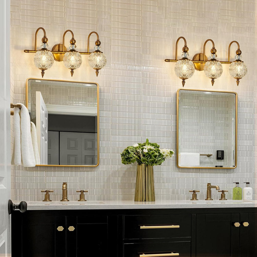 Piepooye Vintage Bathroom Lights Fixtures Gold Vanity Light with Glass Globe LampShade 3 Light Mid Century G9 Bulb Wall Sconce Indoor Vanity Light Over Mirror for Kitchen Bedroom Farmhouse Living Room