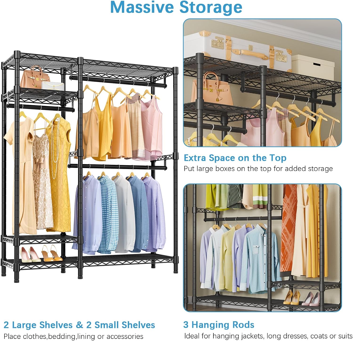 VIPEK Clothes Rack for Hanging Clothes, Heavy Duty Closet Rack with 4 Tiers Wire Shelving & 3 Hanging Rods, Free Standing Closet Wardrobe, 45' Lx16.5 Wx76.4 H, Max Load 700LBS, Black