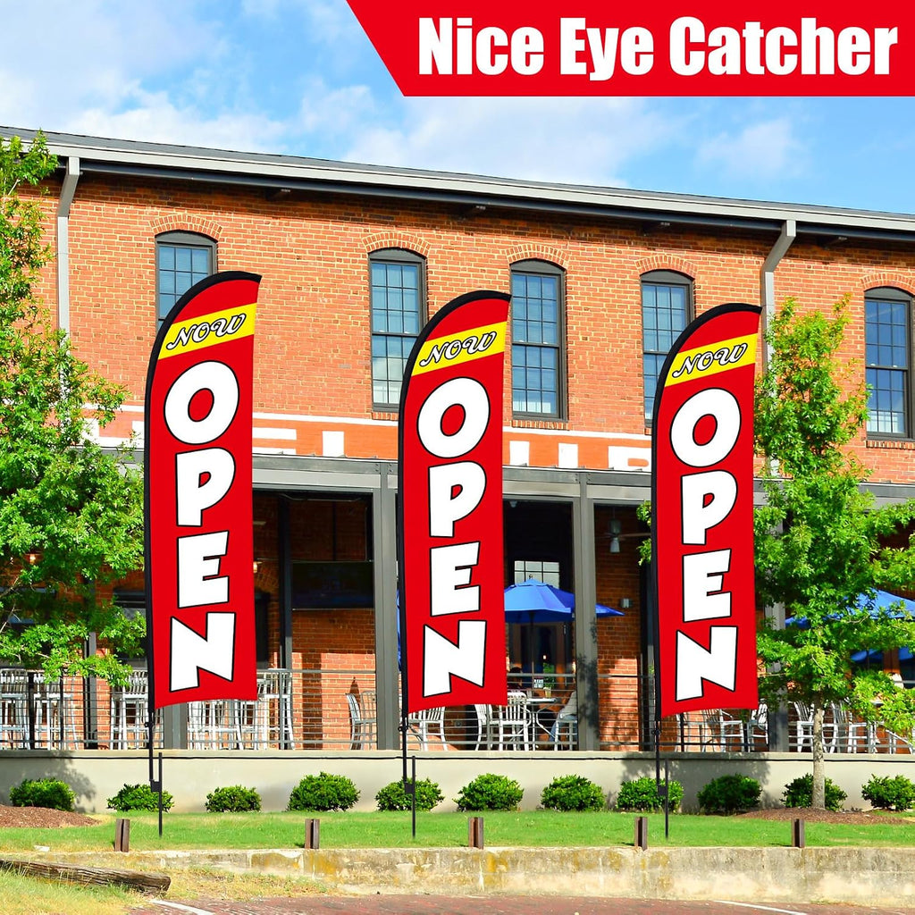 Buryeah 3 Sets Now Open Feather Flag Pole Kit 15 ft for Business Advertising Open Flag Banner Sign with Pole Kit Ground Stake and Portable Bag for Outside Ground