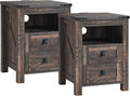 T4TREAM Farmhouse Nightstand Set of 2, Rustic End Table with 2 Drawers, Charging Station, Storage Open Shelf for Bedroom, Living Room, Wood Side Table, Dark Rustic Oak