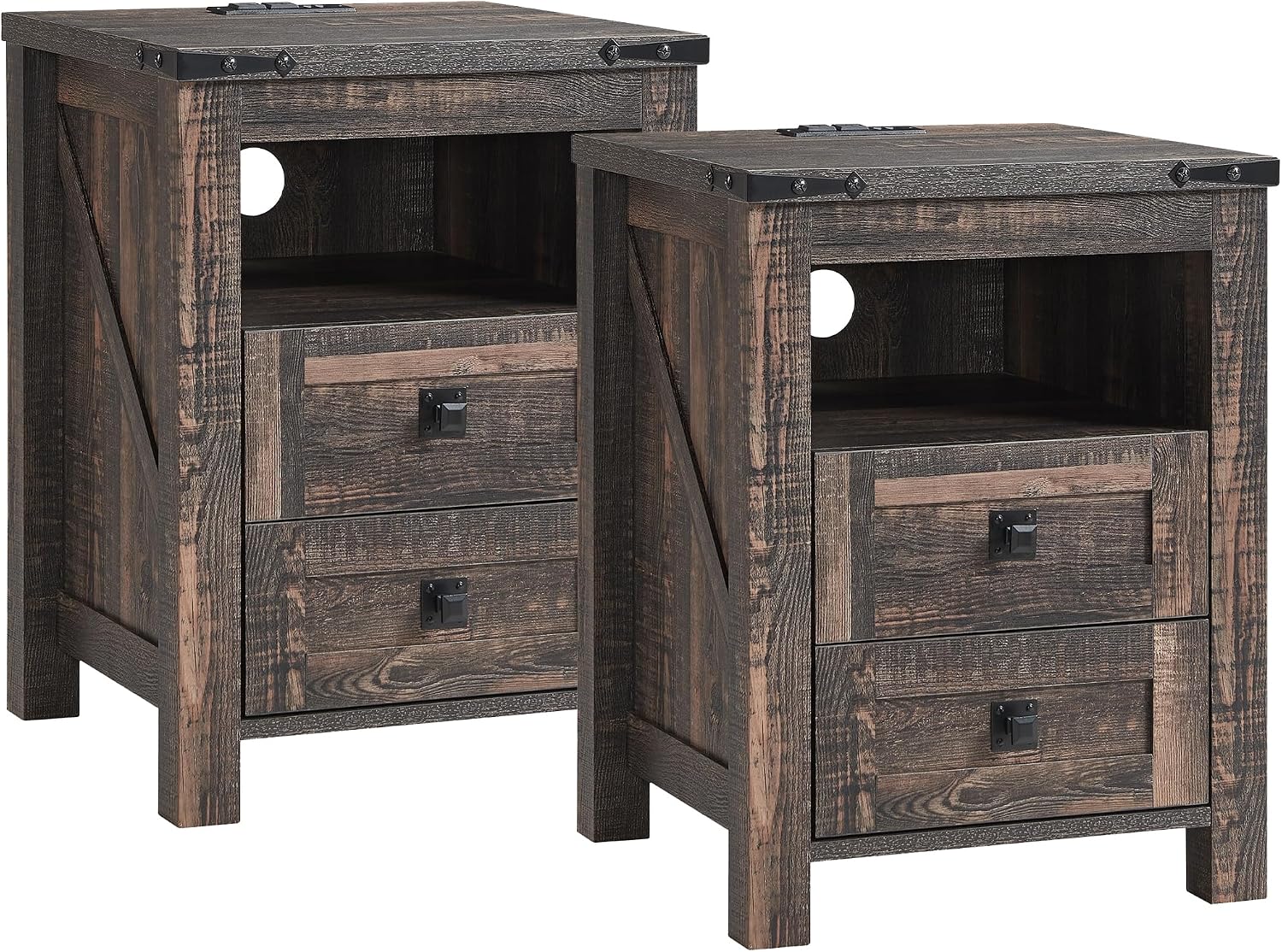 T4TREAM Farmhouse Nightstand Set of 2, Rustic End Table with 2 Drawers, Charging Station, Storage Open Shelf for Bedroom, Living Room, Wood Side Table, Dark Rustic Oak