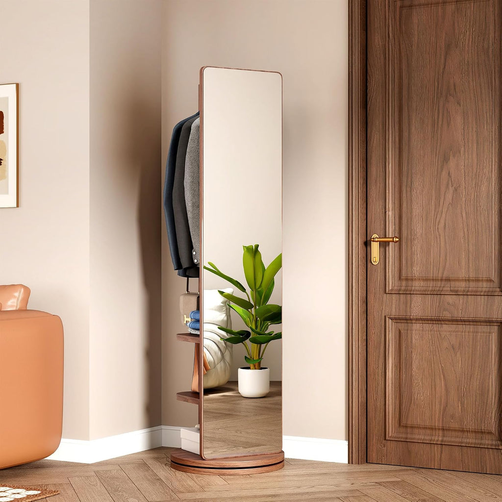 CHANCEE 360° Rotating Mirror Coat Rack, Solid Wood Standing Mirror with Storage Hooks and Shelves, Space-Saving Multifunctional Organizer for Bedroom, Living Room, or Cloakroom (Walnut)