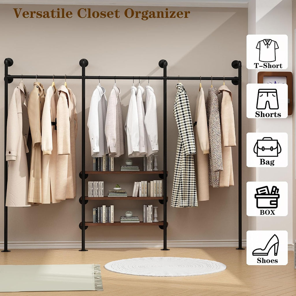 HOMEKAYT Industrial Pipe Clothes Rack,Wall Mounted Clothing Rack with Shelves, Heavy Duty Multi-Purpose Storage Clothes Hanging Shelf - 94.5''L Black